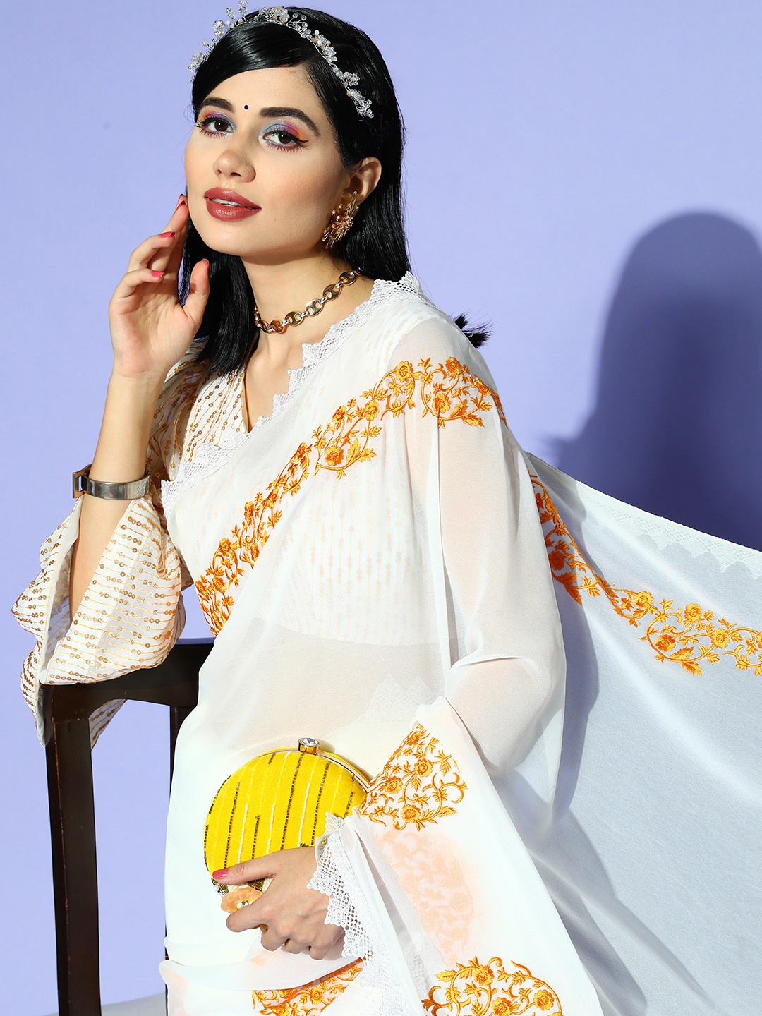 

Tikhi Imli Ethnic Motifs Saree with Woven Design border, Off white