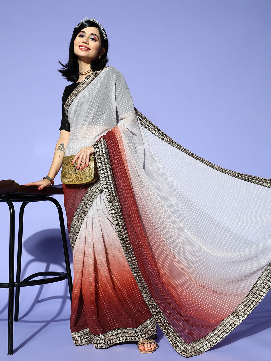 

Tikhi Imli Tie and Dye Saree with Embroidered border, Brown