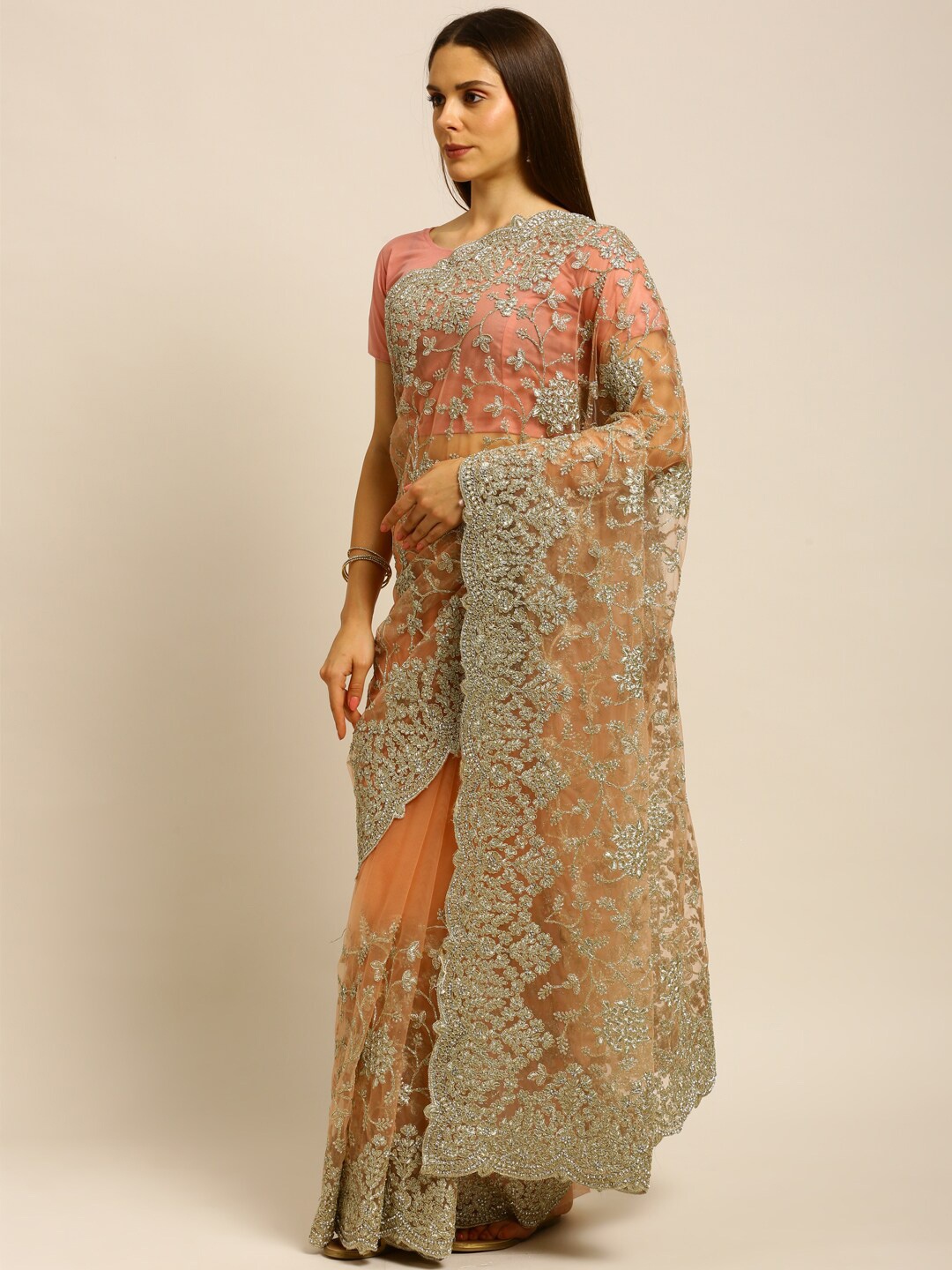 

kasee Peach-Coloured & Gold-Toned Floral Embroidered Heavy Work Net Saree