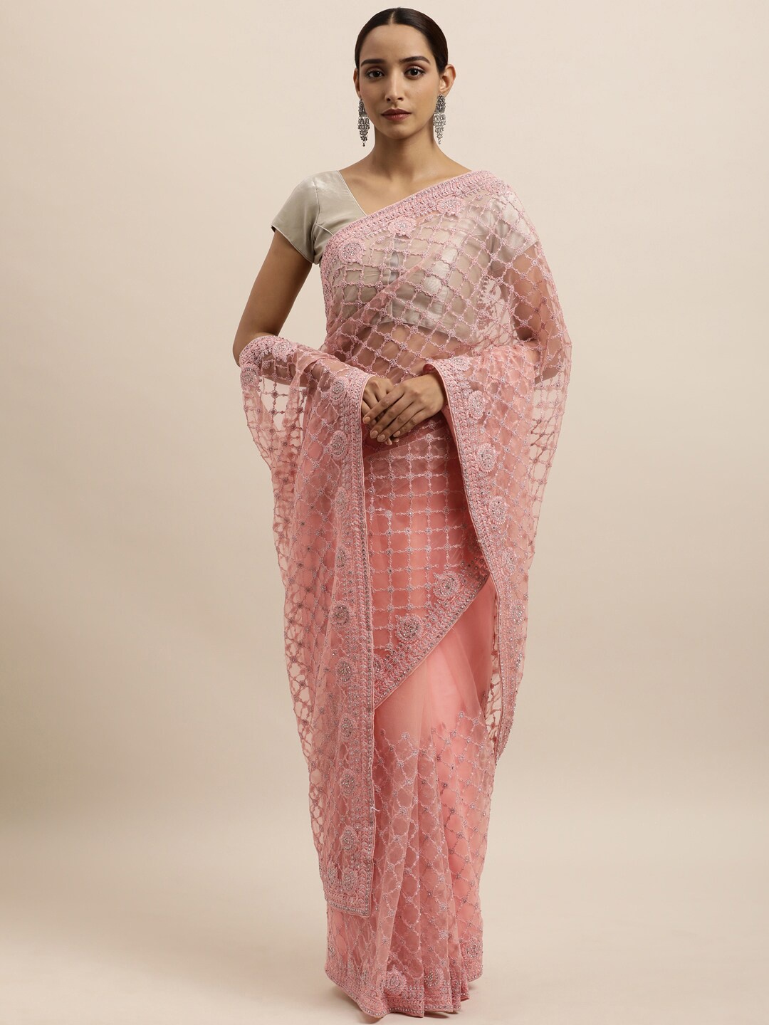 

kasee Peach-Coloured Fancy Heavy Self Thread Embroidered Coding Work Saree