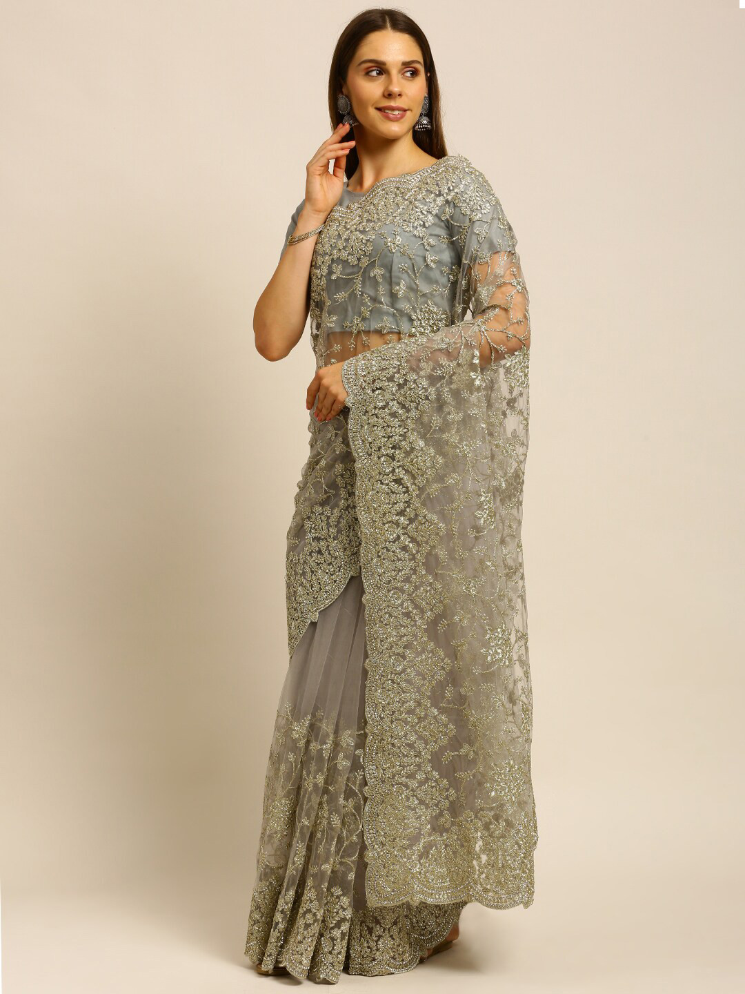 

kasee Grey Floral Embroidered Net Heavy Work Saree