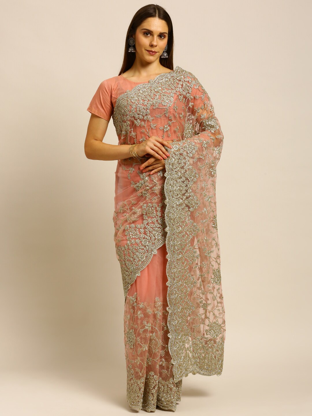 

kasee Pink & Gold-Toned Floral Embroidered Net Saree