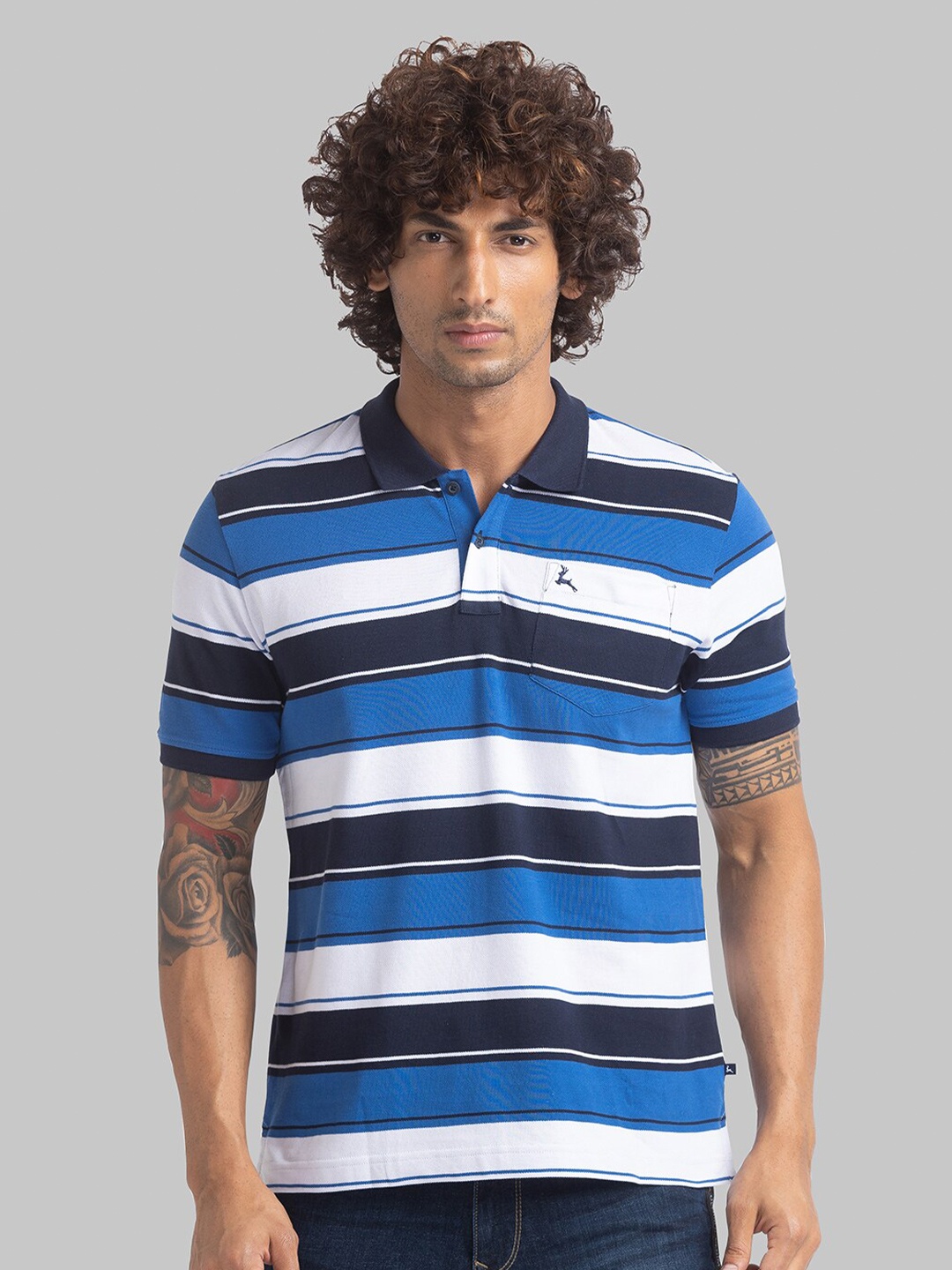 

Parx Men Blue & White Striped Polo Collar T-shirt