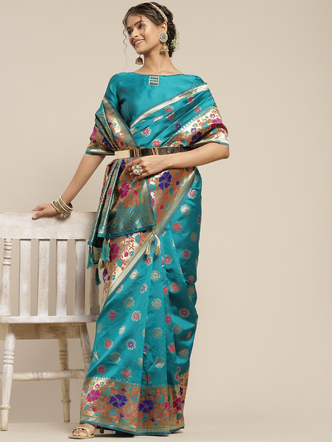 

Mitera Teal & Pink Floral Zari Silk Blend Sambalpuri Saree