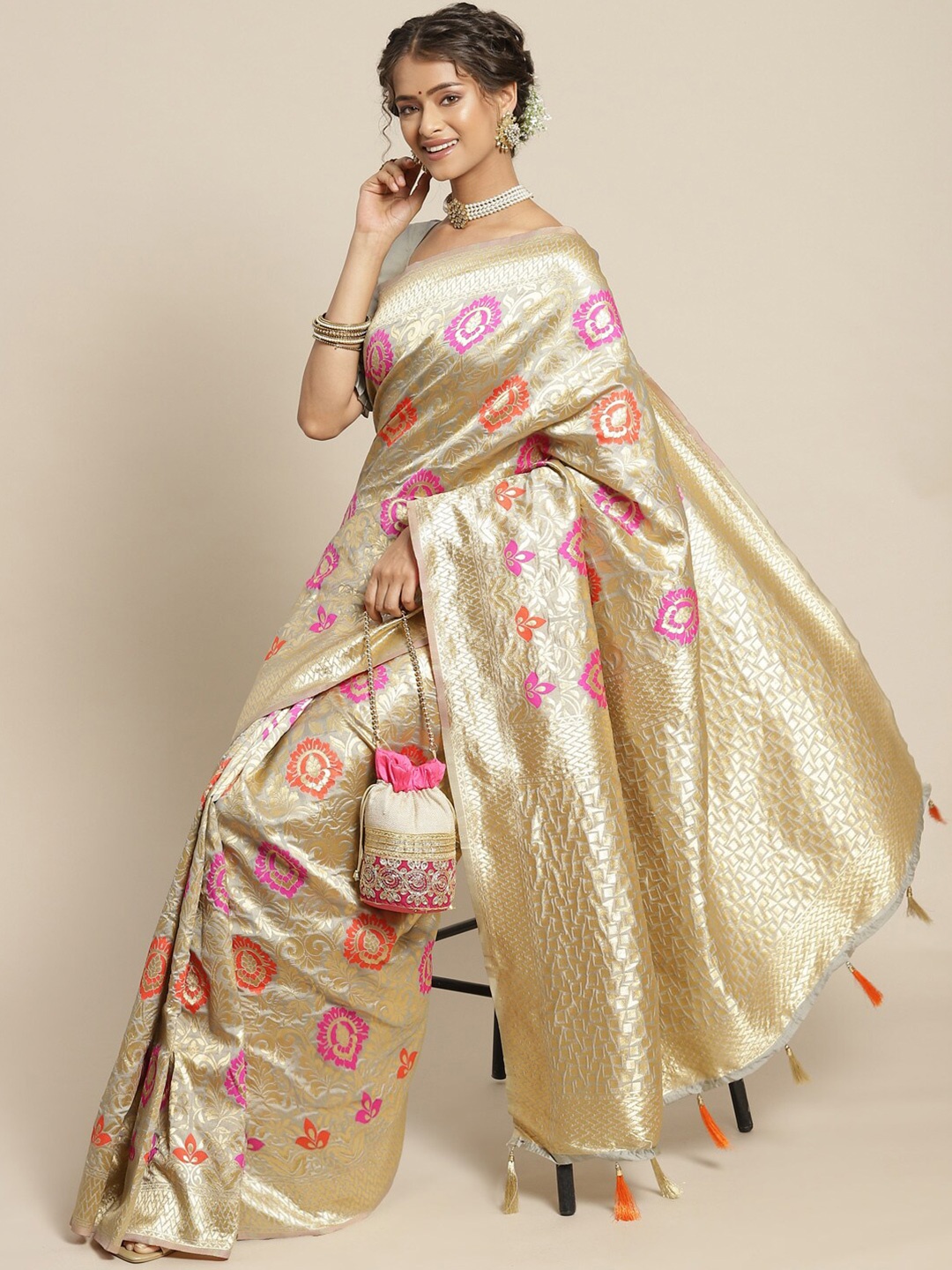 

Mitera Golden & Pink Zari Silk Blend Sambalpuri Saree, Gold