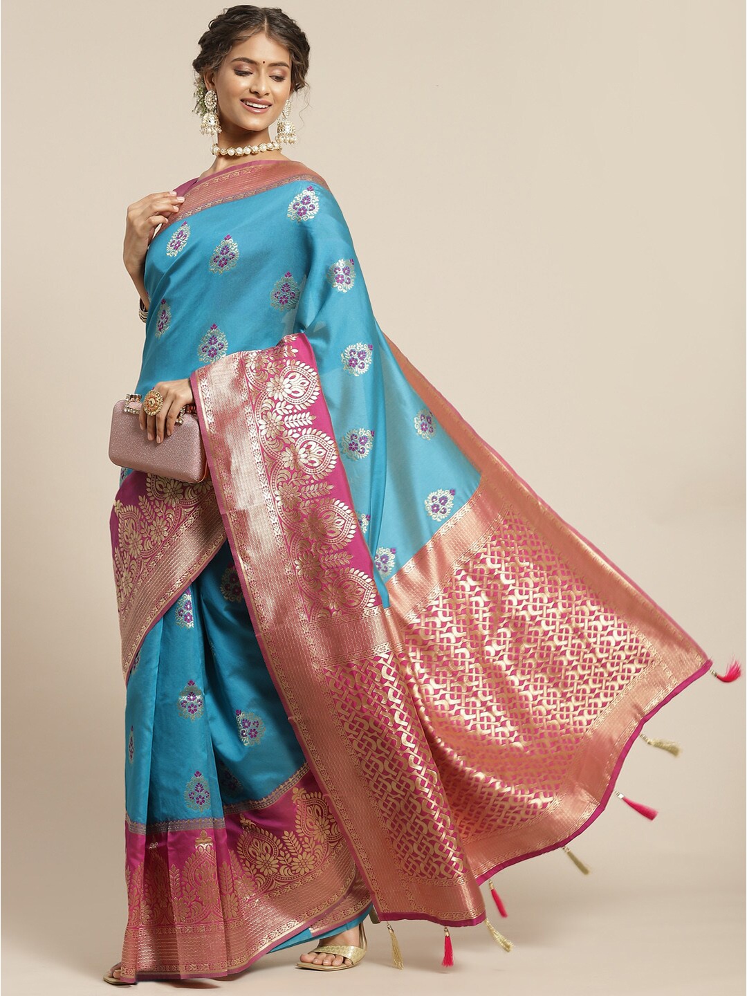 

Mitera Blue & Pink Woven Design Zari Silk Blend Sambalpuri Saree