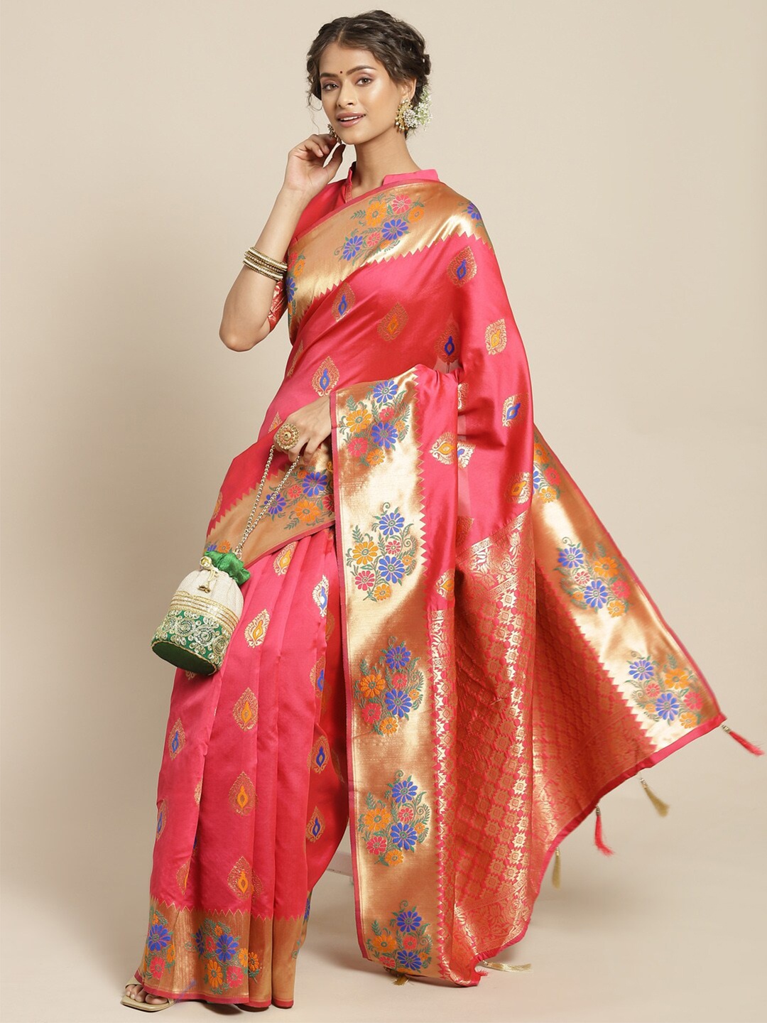 

Mitera Pink & Gold-Toned Woven Design Zari Art Silk Kanjeevaram Saree