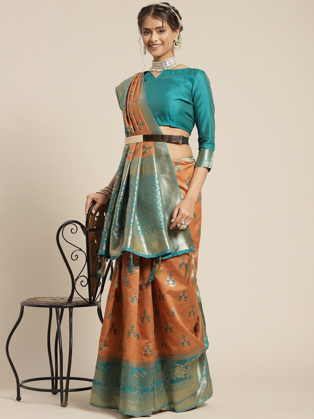 

Mitera Orange & Blue Woven Design Silk Blend Sambalpuri Saree
