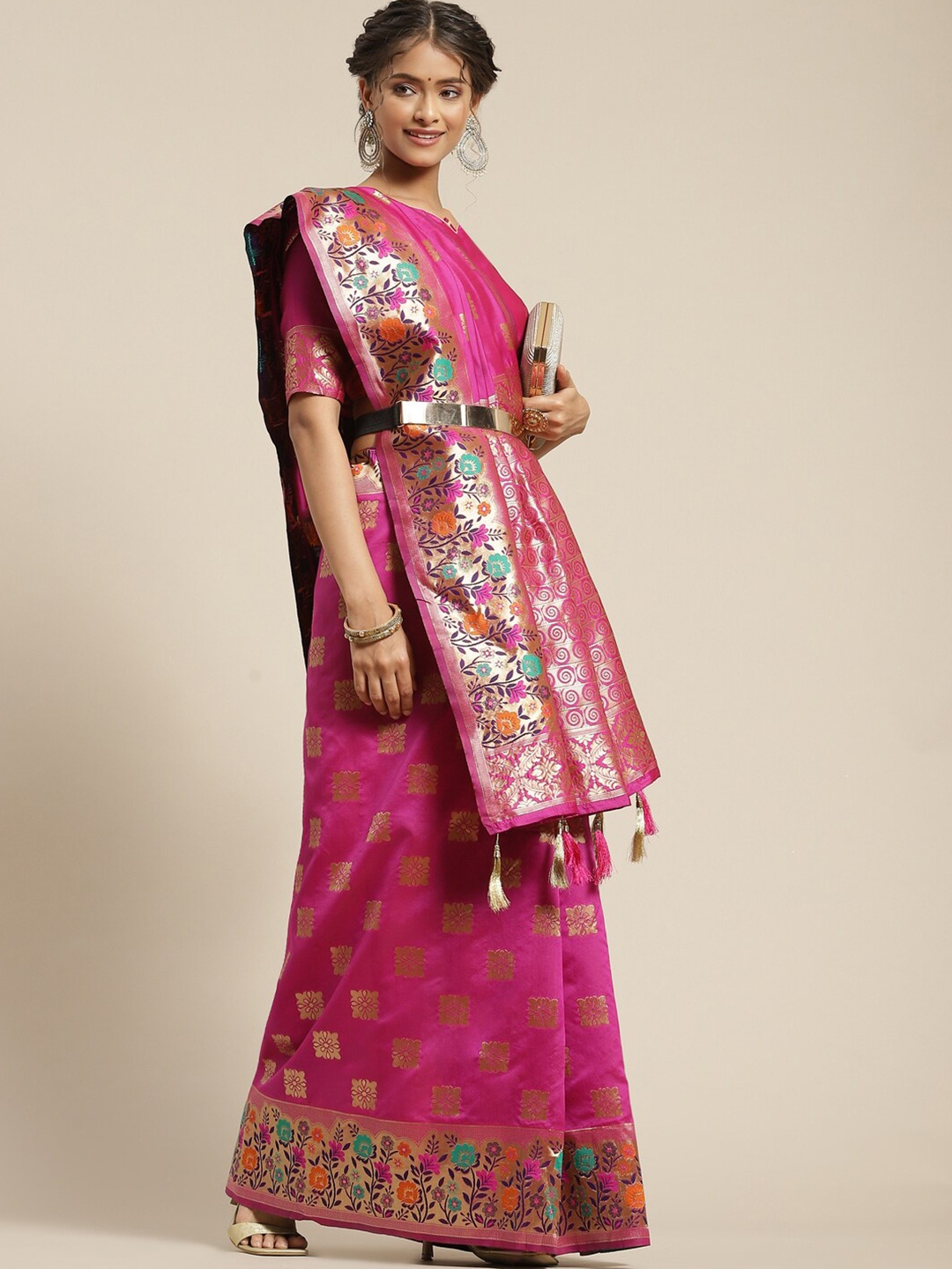 

Mitera Women Pink & Gold-Toned Woven Design Zari Art Kanjeevaram Saree
