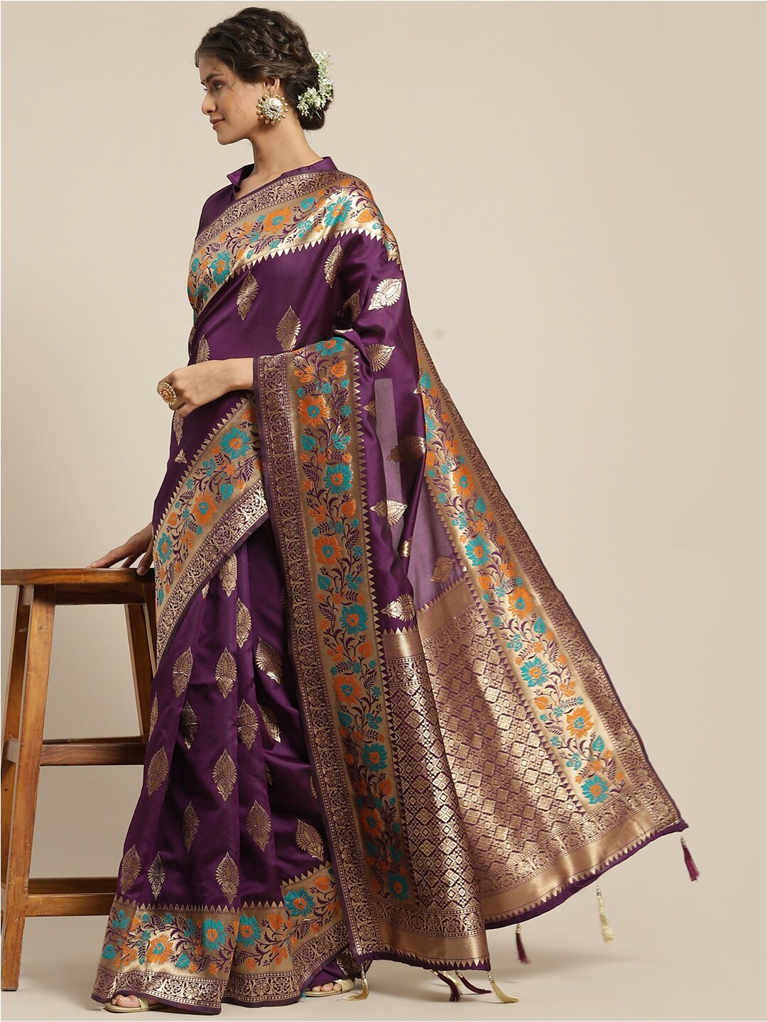 

Mitera Purple & Gold-Toned Ethnic Motifs Zari Silk Blend Sambalpuri Saree