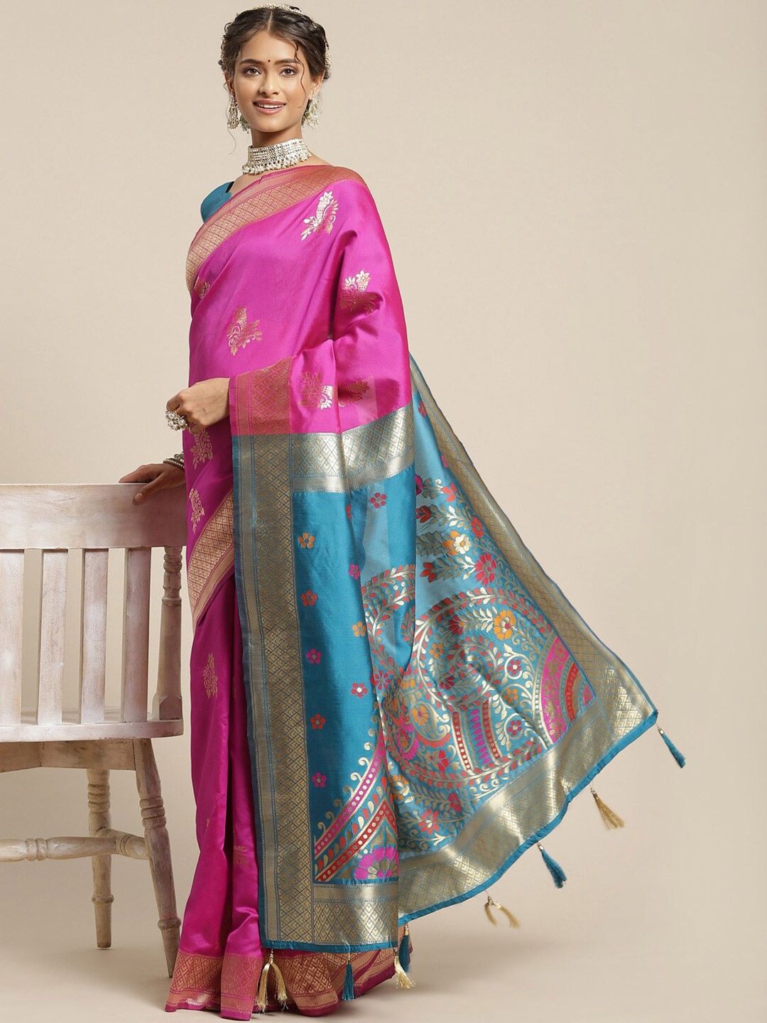 

Mitera Pink & Blue Ethnic Motifs Zari Silk Blend Sambalpuri Saree