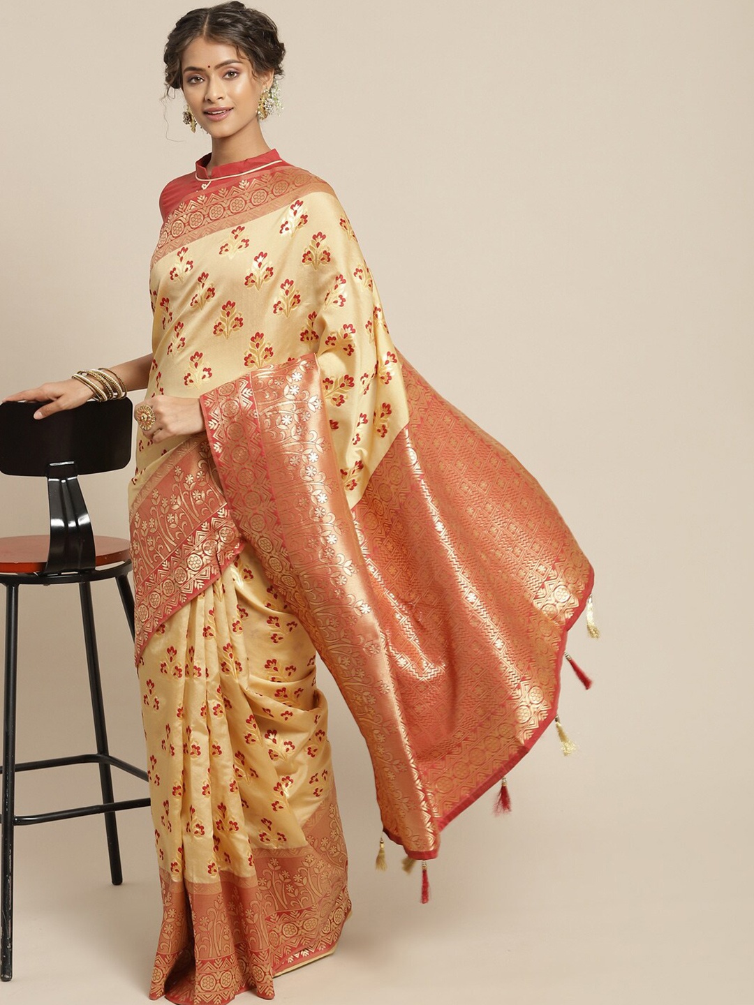 

Mitera Beige & Red Woven Design Zari Silk Blend Sambalpuri Saree