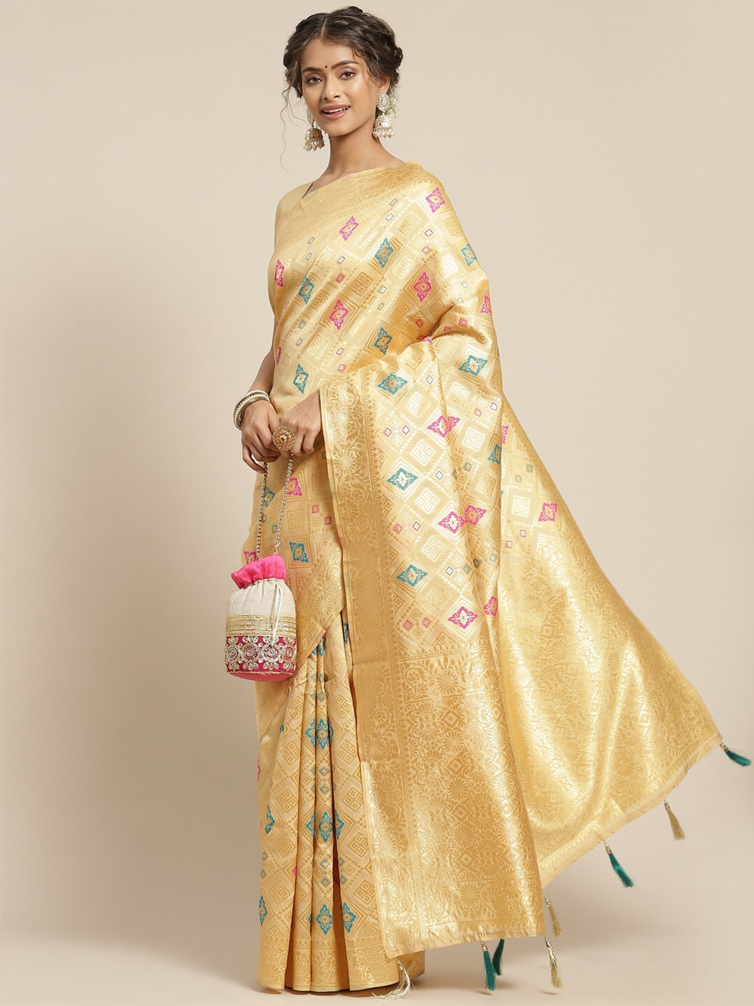 

Mitera Beige & Green Woven Design Zari Art Silk Kanjeevaram Saree