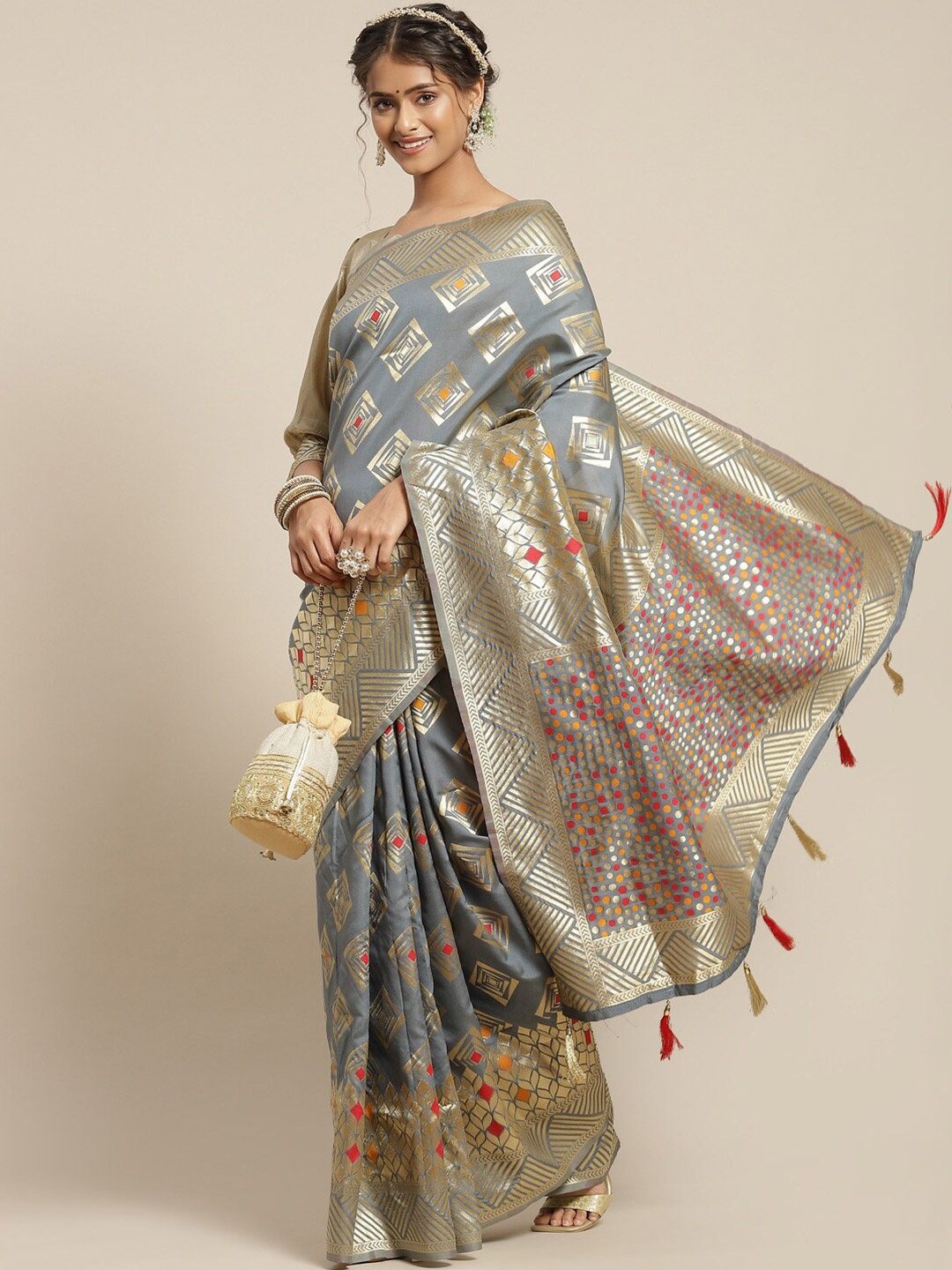 

Mitera Grey & Gold-Toned Printed Zari Silk Blend Banarasi Saree