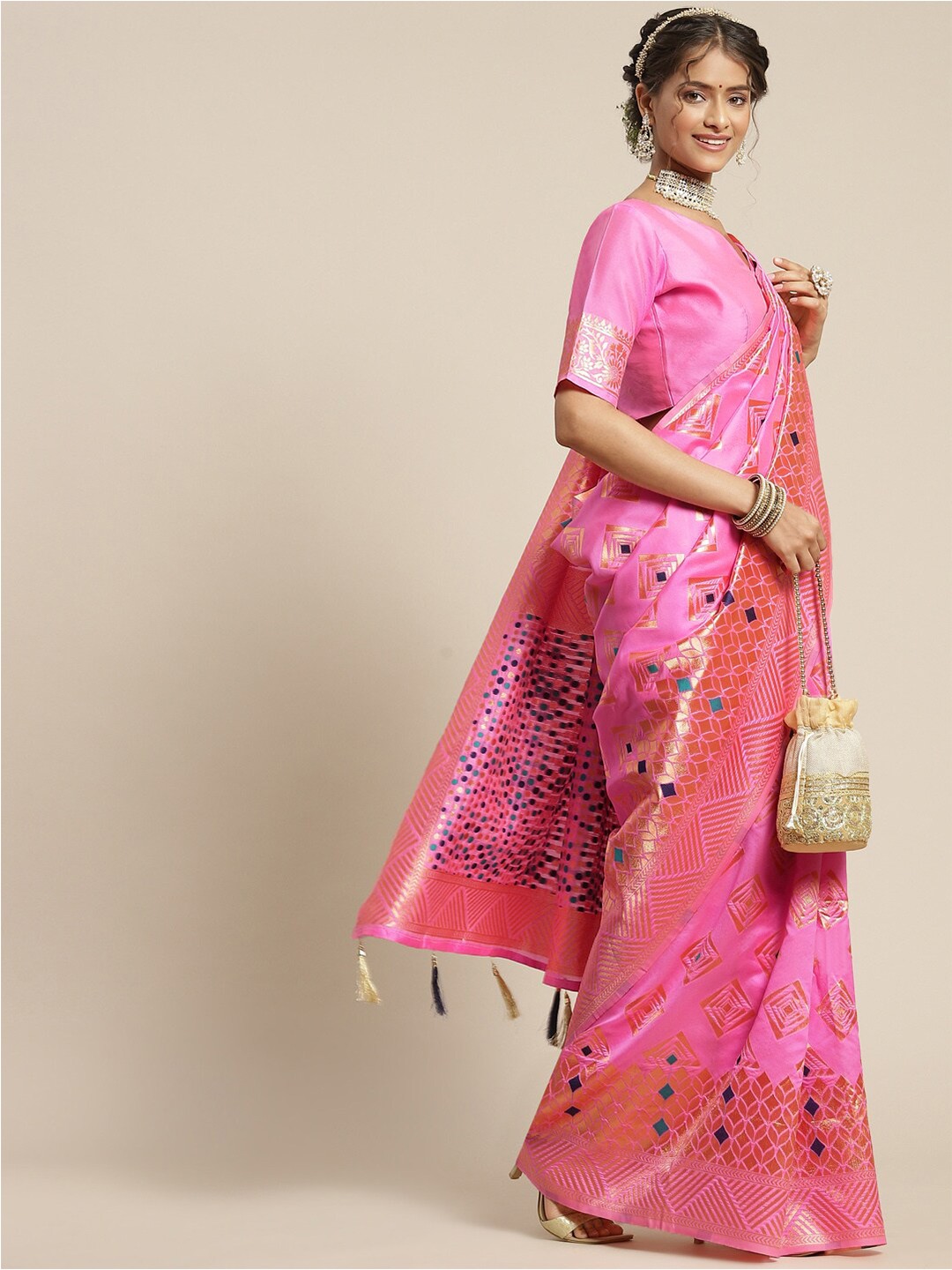 

Mitera Pink & Gold-Toned Zari Silk Blend Banarasi Saree