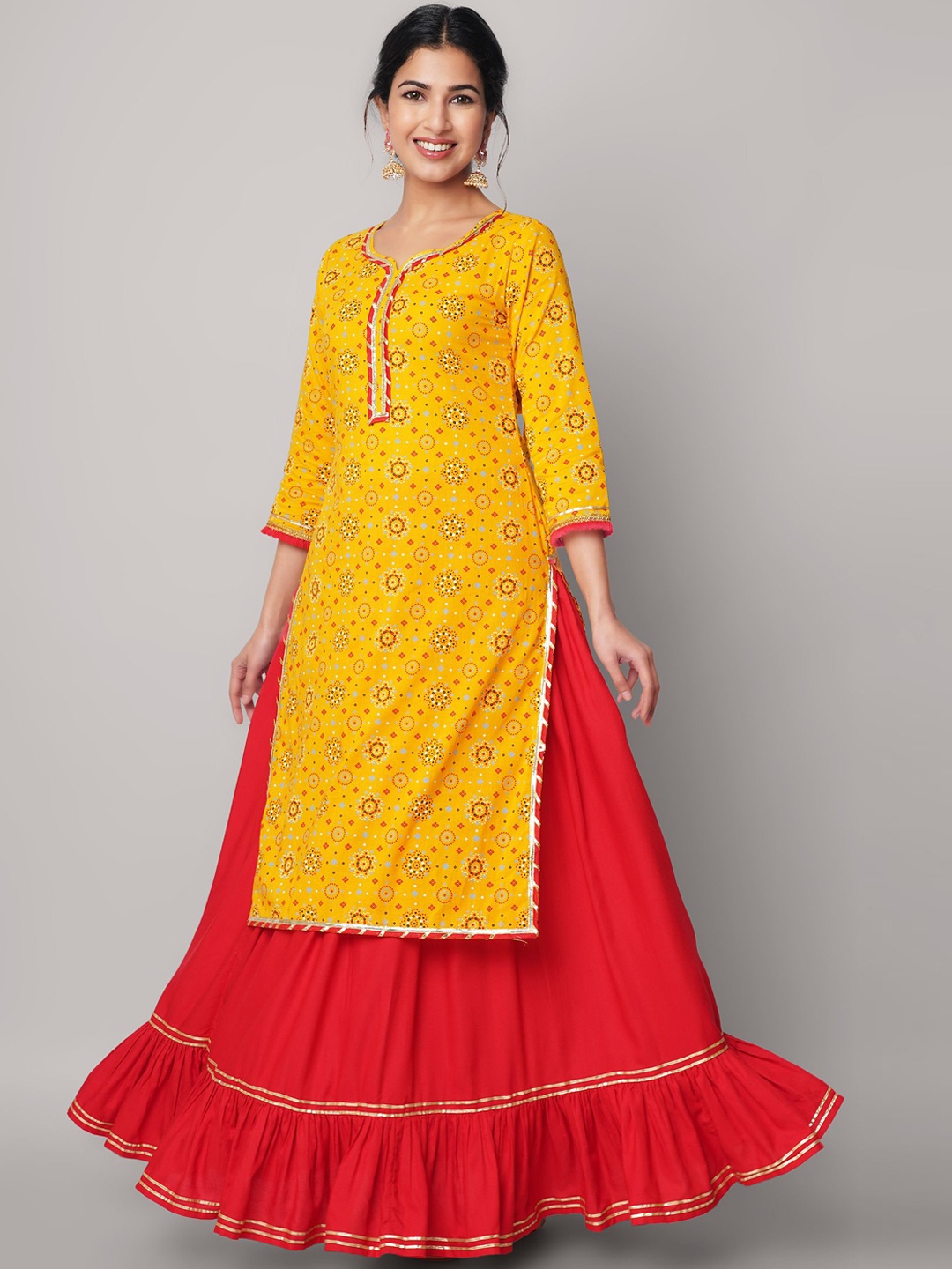 

God Bless Women Yellow Floral Printed Gotta Patti Pure Cotton Kurta with Skirt