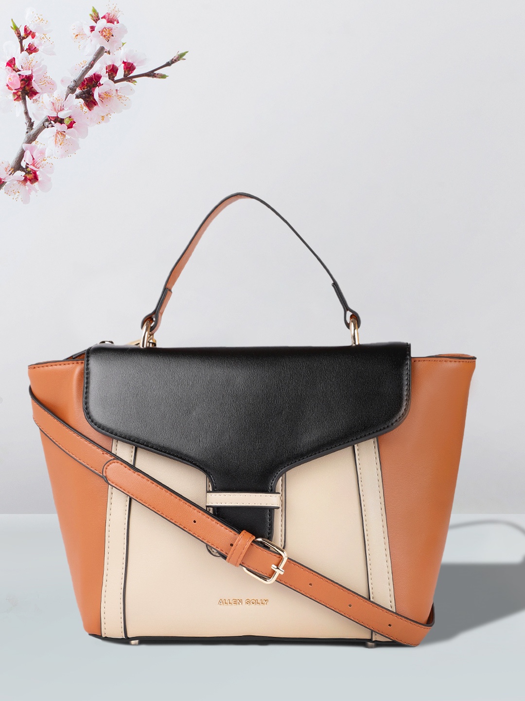 

Allen Solly Tan Brown & Beige Colourblocked PU Structured Handheld Bag with Buckle Detail