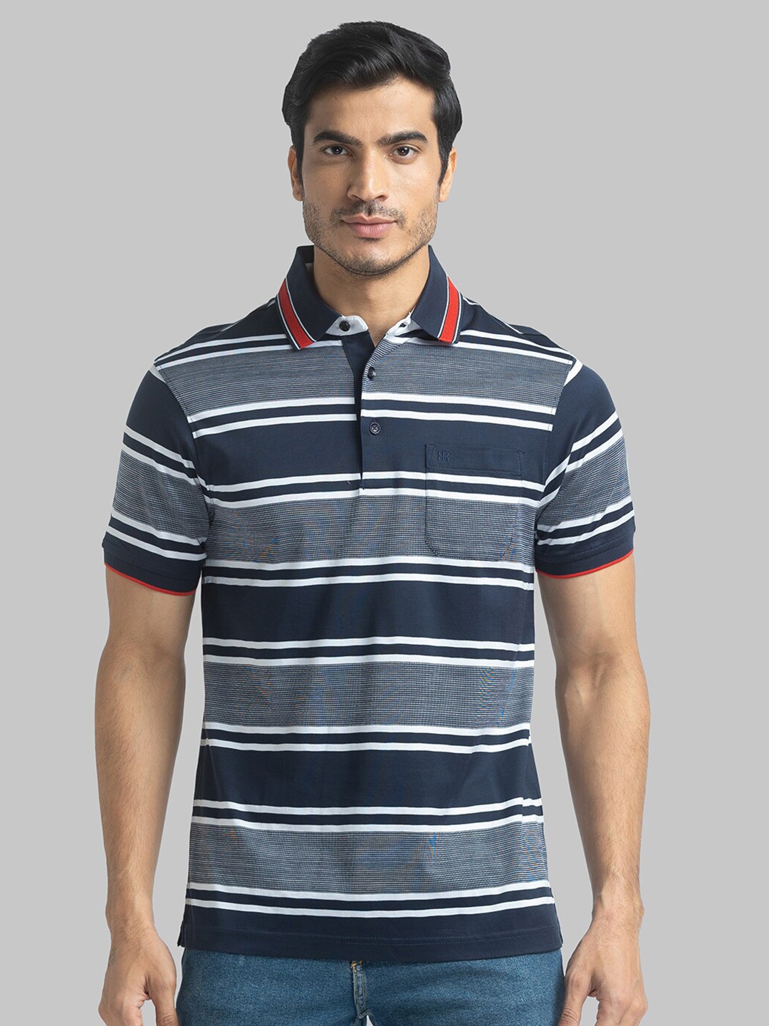

Raymond Men Blue Striped Cotton Tshirts