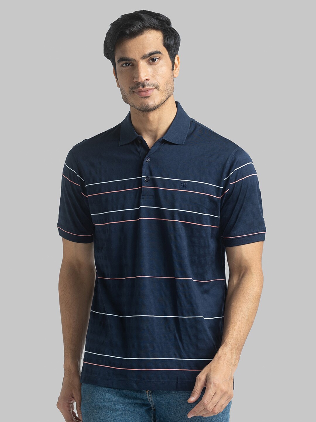 

Raymond Men Blue & White Striped Polo Collar T-shirt