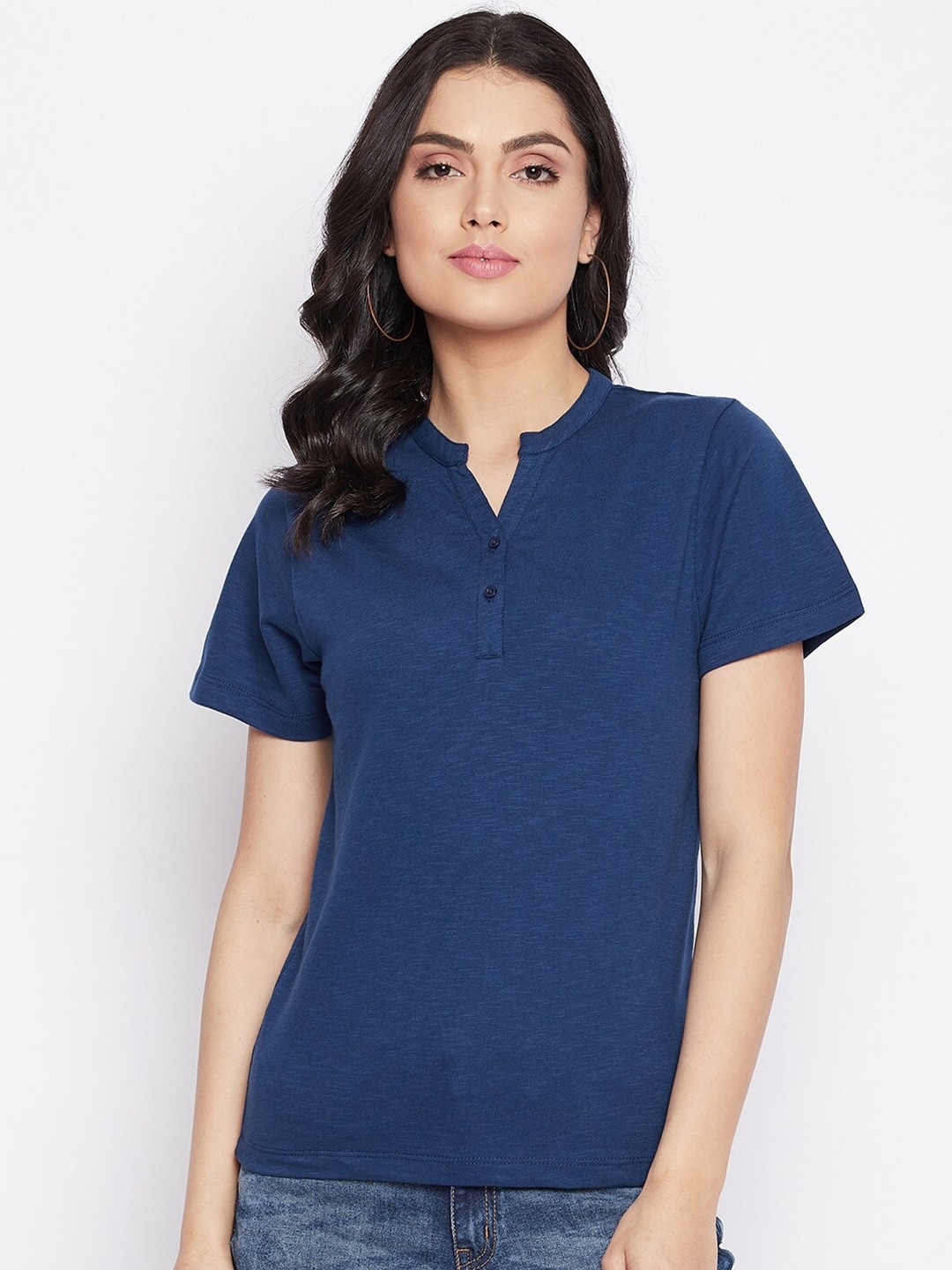 

HARBOR N BAY Women Blue Mandarin Collar T-shirt