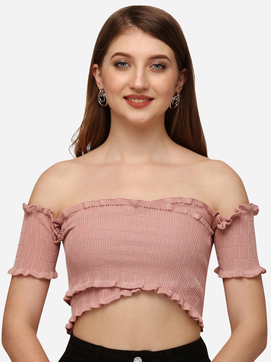 

HSR Pink Off-Shoulder Smocked Bardot Crop Top