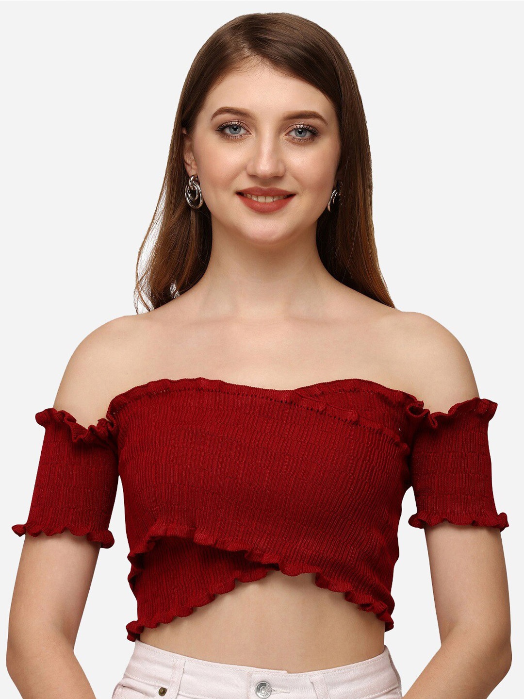 

HSR Red Solid Off-Shoulder Crop Top