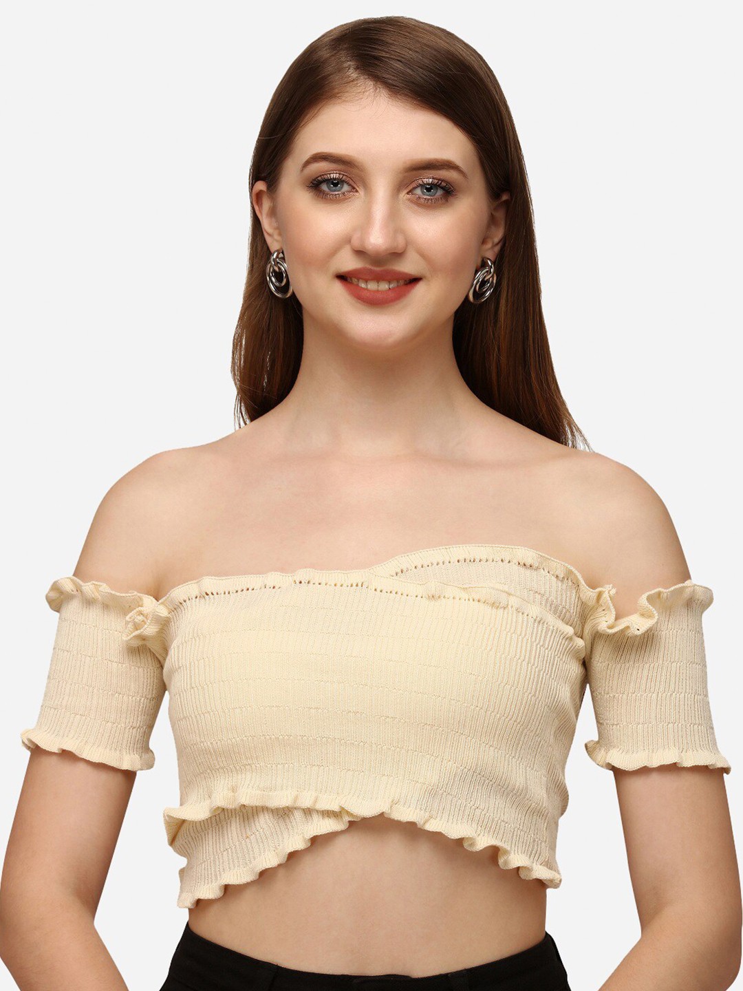 

HSR Cream-Coloured Off-Shoulder Bardot Crop Top