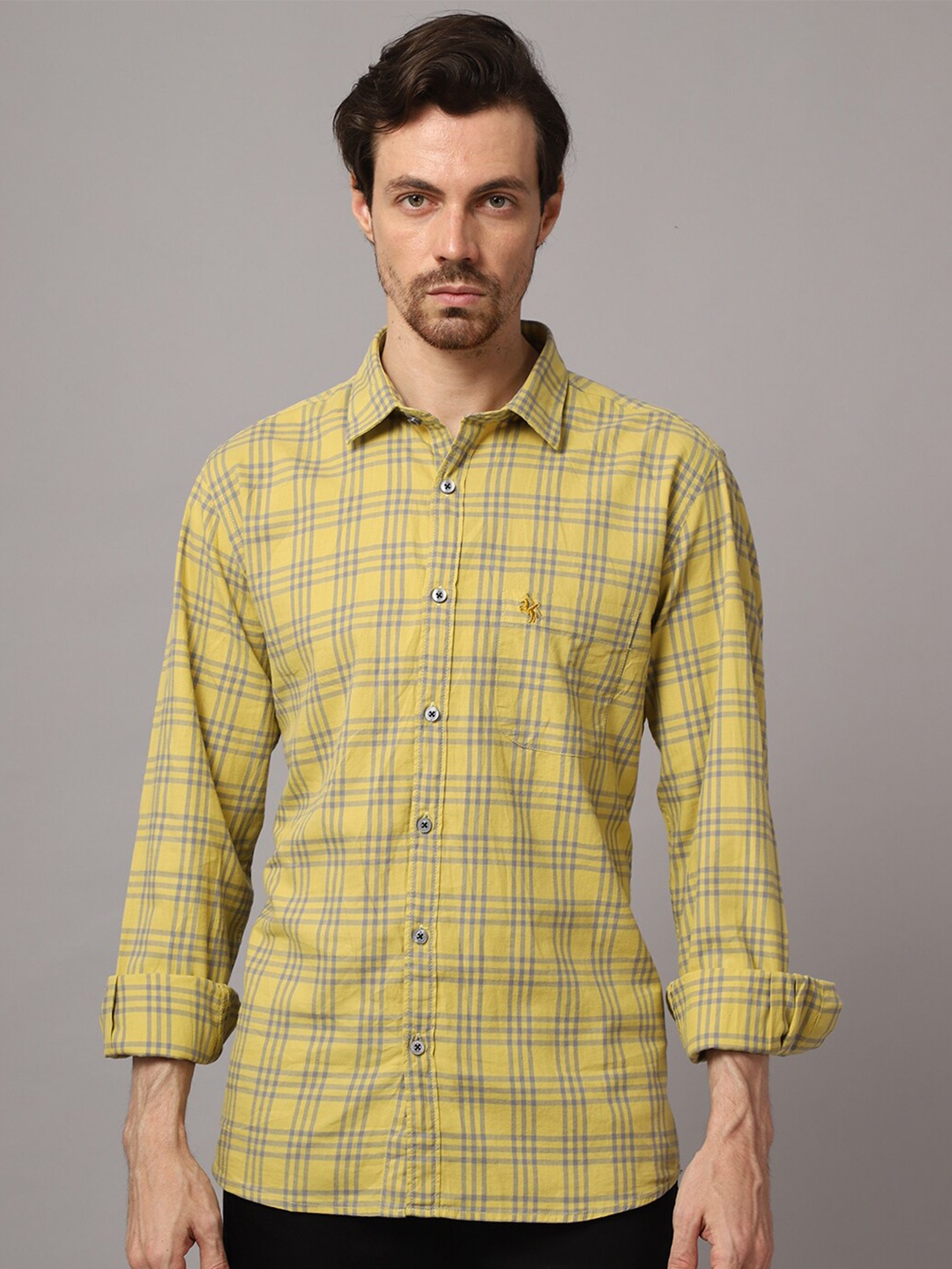 

Cantabil Men Mustard Tartan Checks Casual Shirt