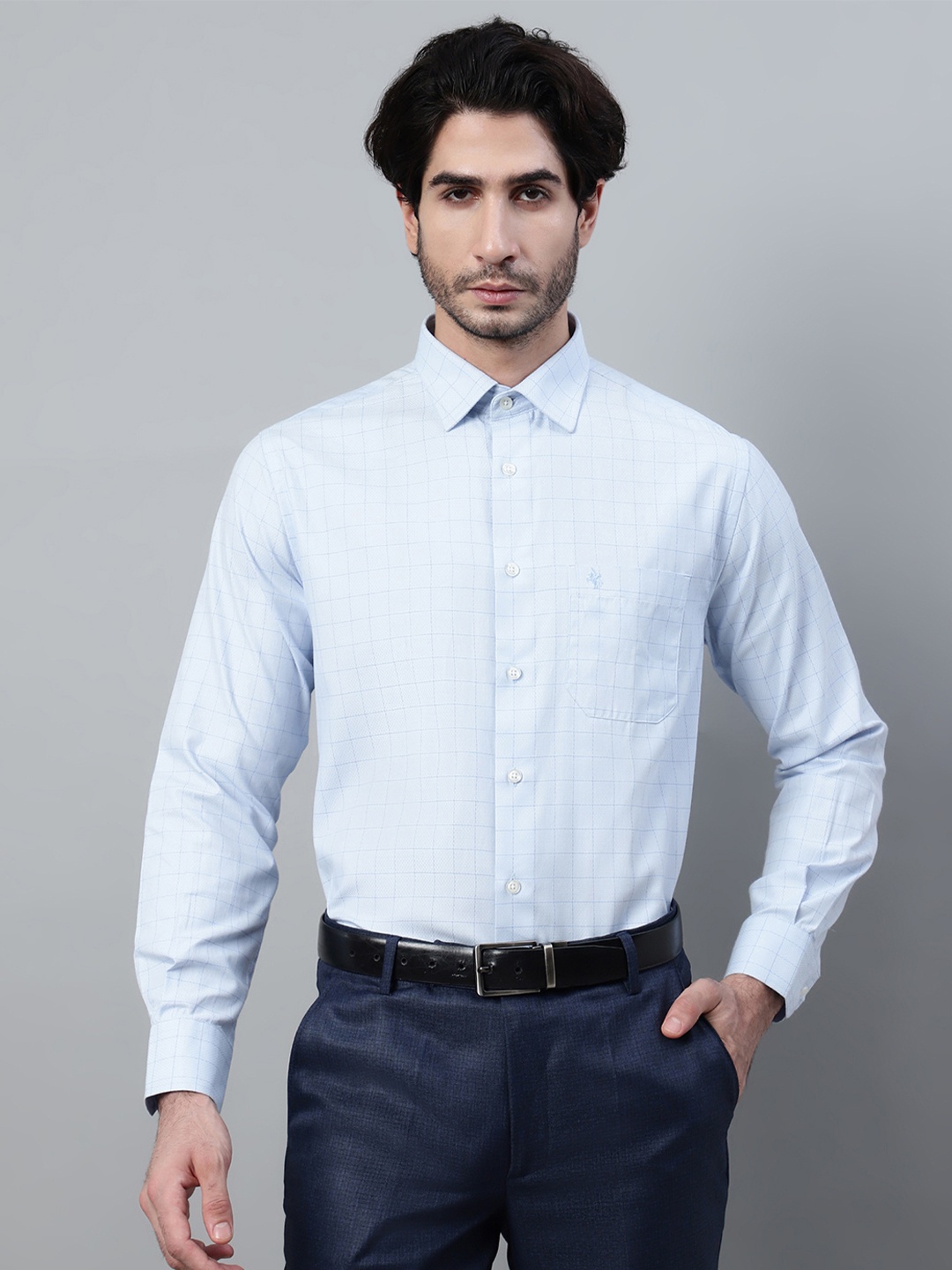 

Cantabil Men Blue Windowpane Checked Casual Shirt