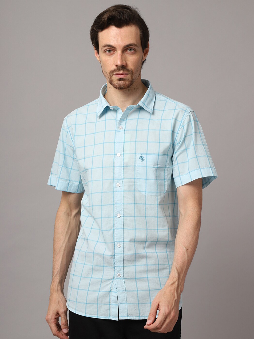

Cantabil Men Blue Windowpane Checked Casual Shirt