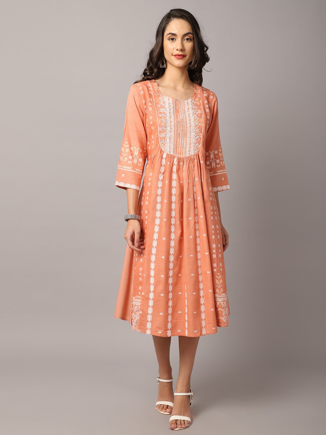

Cantabil Peach-Coloured & White A-Line Maxi Dress