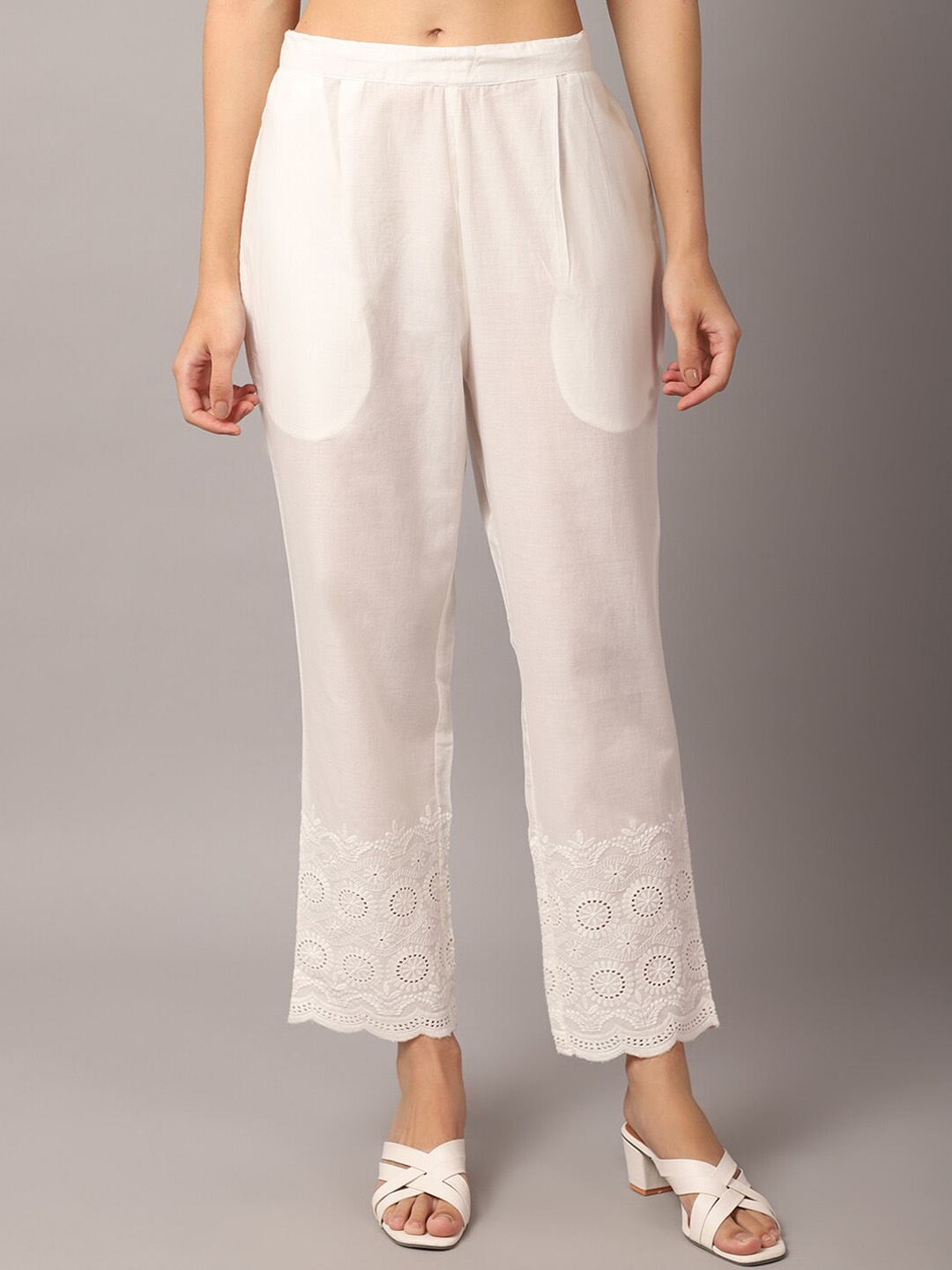 

Cantabil Women Off White Regular Fit Solid Trousers