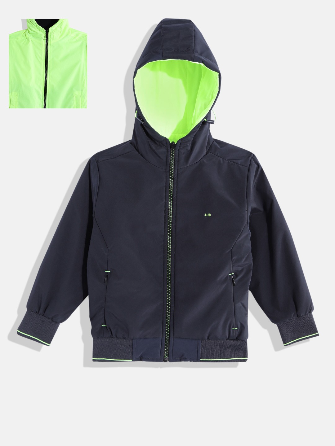

Okane Boys Navy Blue & Green Solid Reversible Bomber Jacket