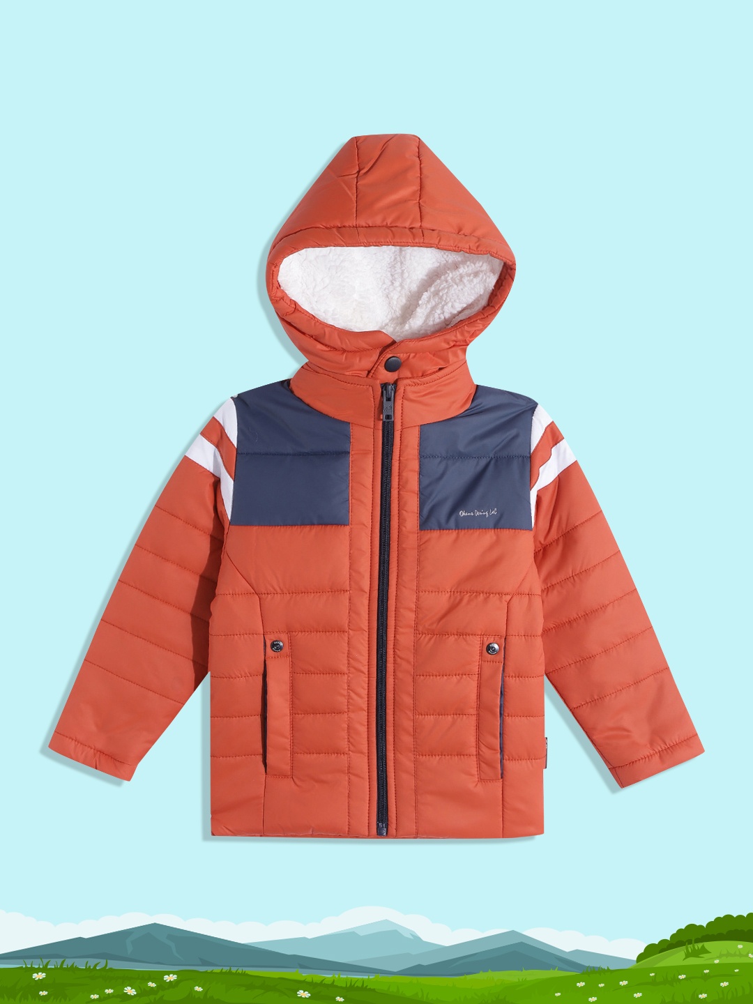 

Okane Boys Orange & Navy Blue Striped Detachable Hood Padded Jacket
