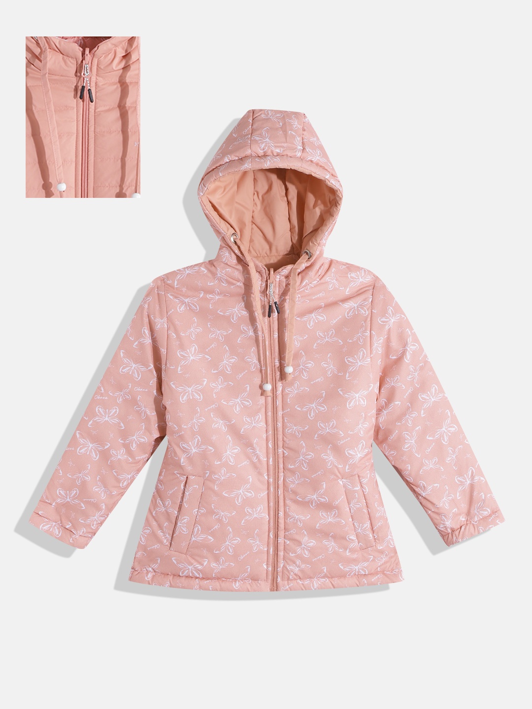 

Okane Girls Peach-Coloured Printed Reversible Puffer Jacket