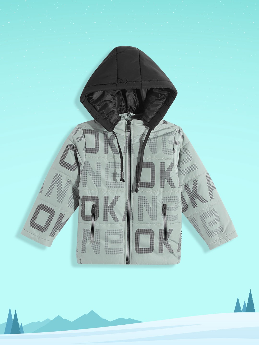 

Okane Boys Mint Green & Black Brand Logo Print Detachable Hood Padded Jacket