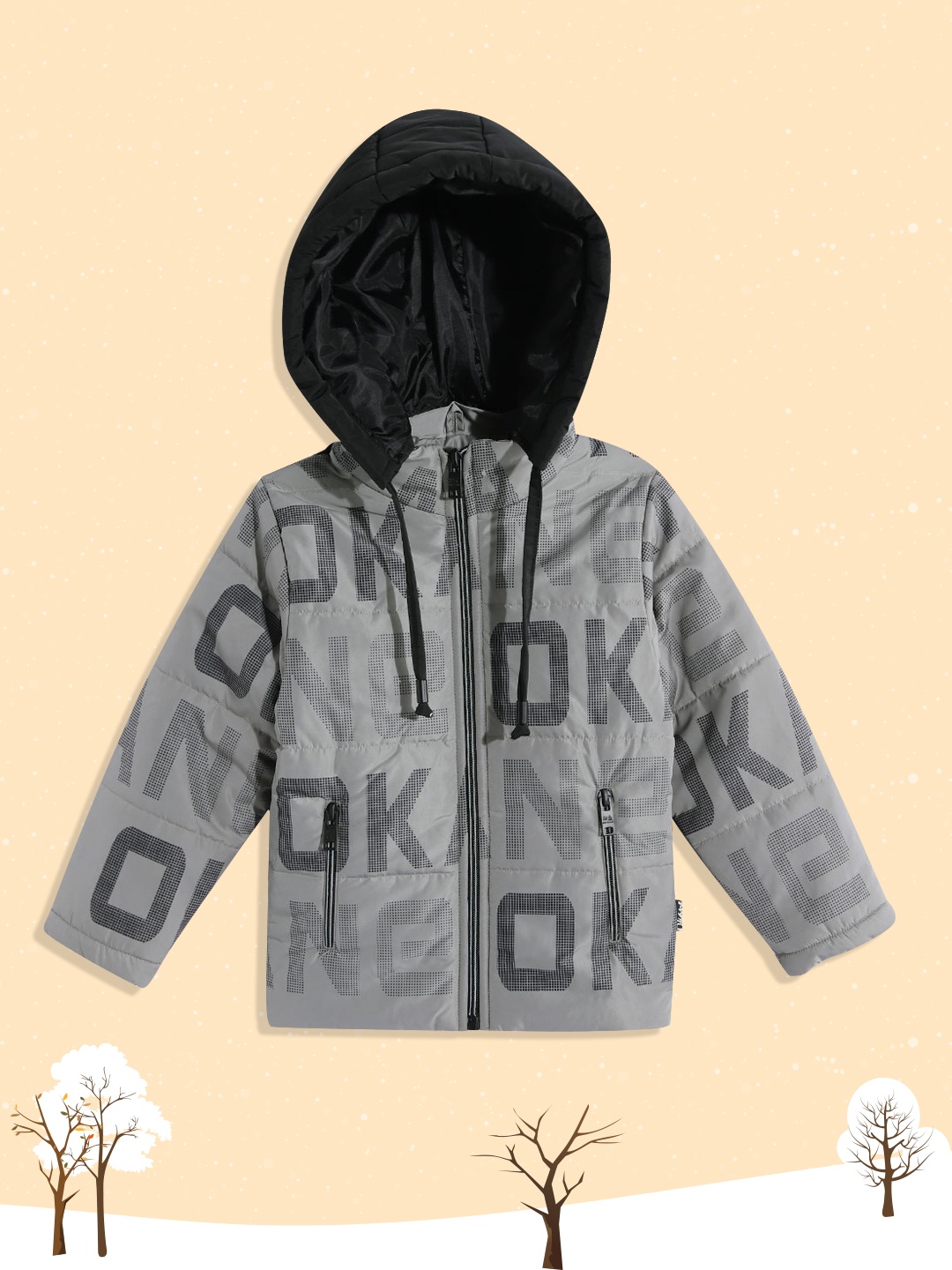 

Okane Boys Grey & Black Brand Logo Print Detachable Hooded Padded Jacket