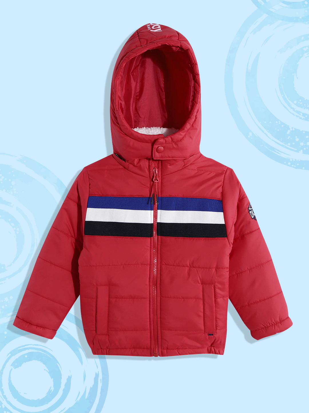 

Okane Boys Red Navy & Blue Striped Detachable Hooded Padded Jacket