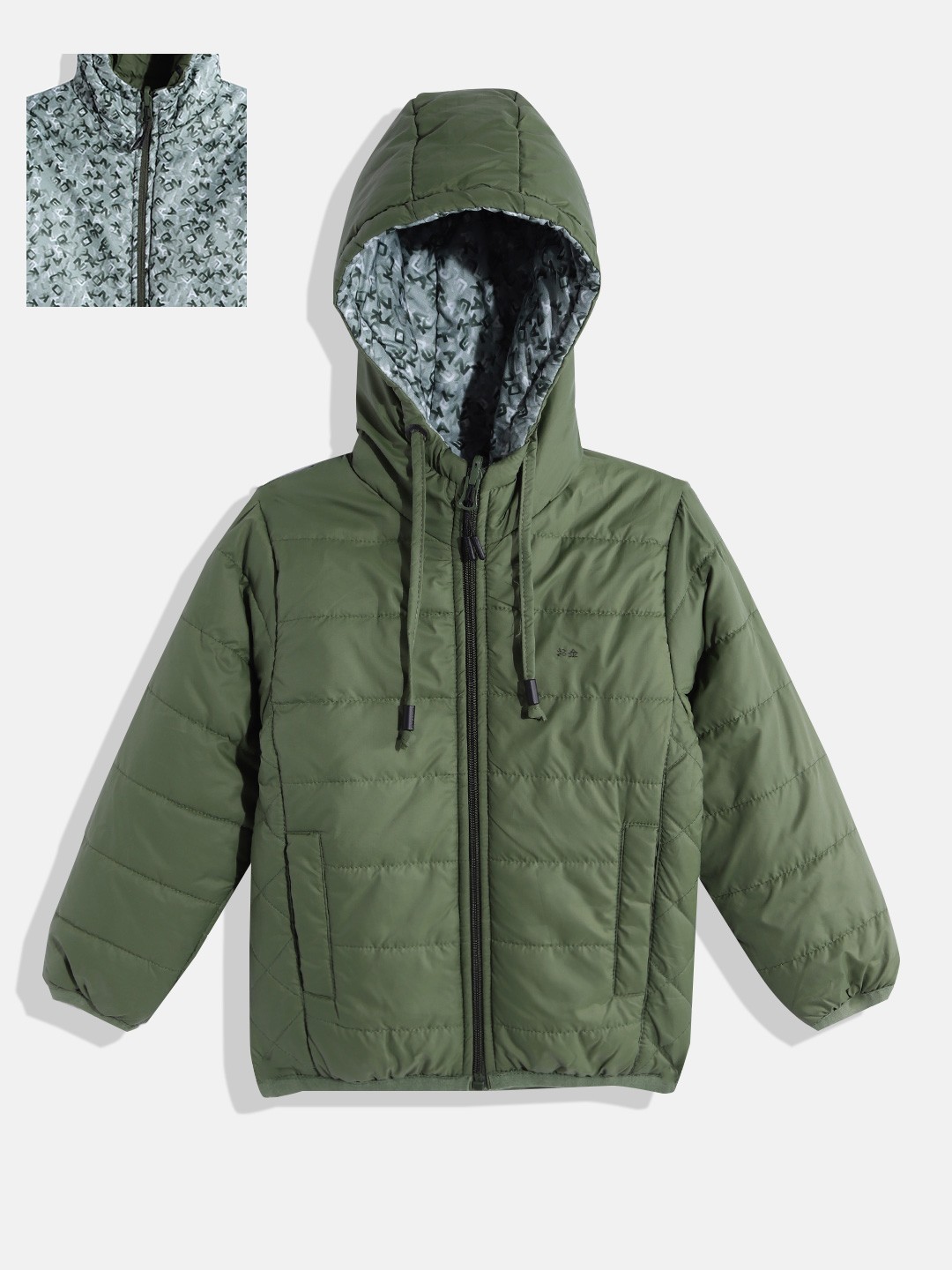 

Okane Boys Olive Green Solid Reversible Hooded Padded Jacket