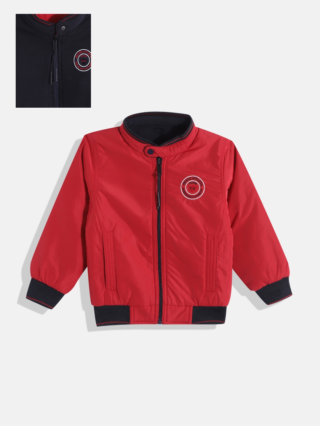

Okane Boys Red & Navy Blue Solid Reversible Bomber Jacket