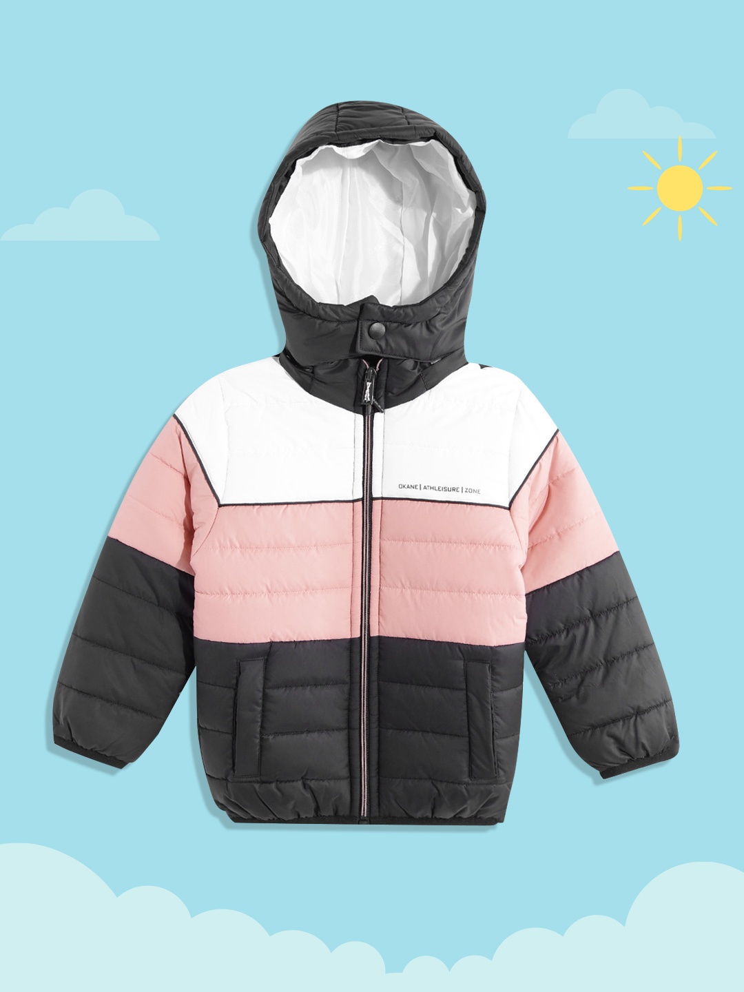 

Okane Boys Peach-Coloured & Black Striped Detachable Hood Padded Jacket