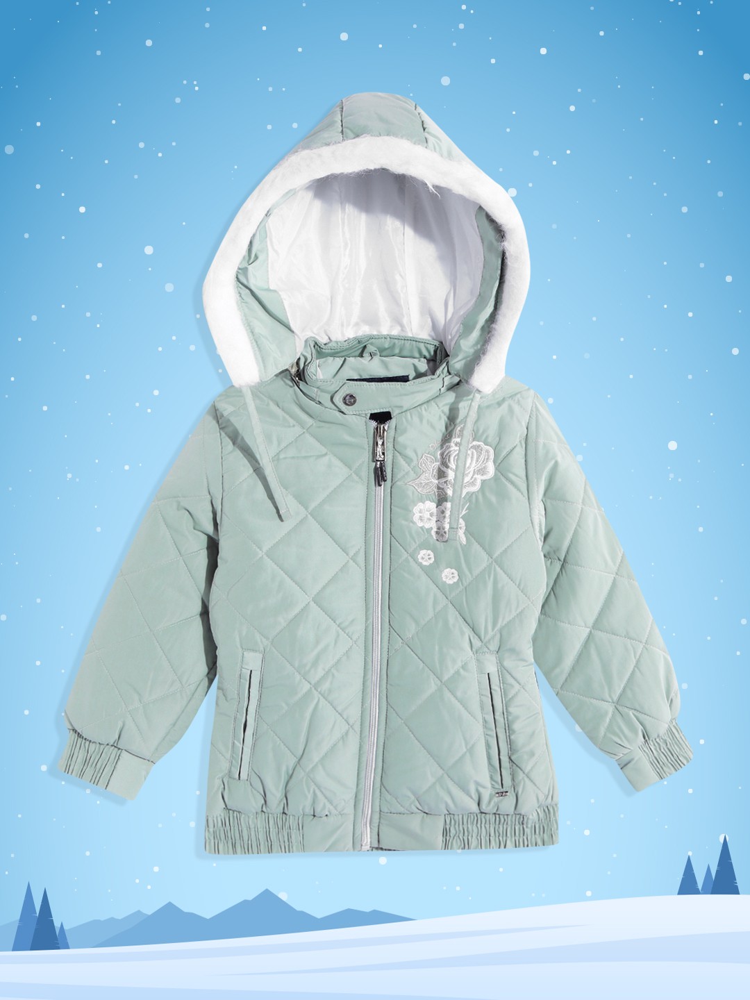 

Okane Girls Mint Green & White Floral Embroidered Detachable Hood Bomber Jacket