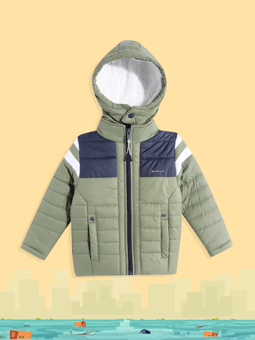 

Okane Boys Olive Green & Navy Blue Colourblocked Detachable Hood Padded Jacket