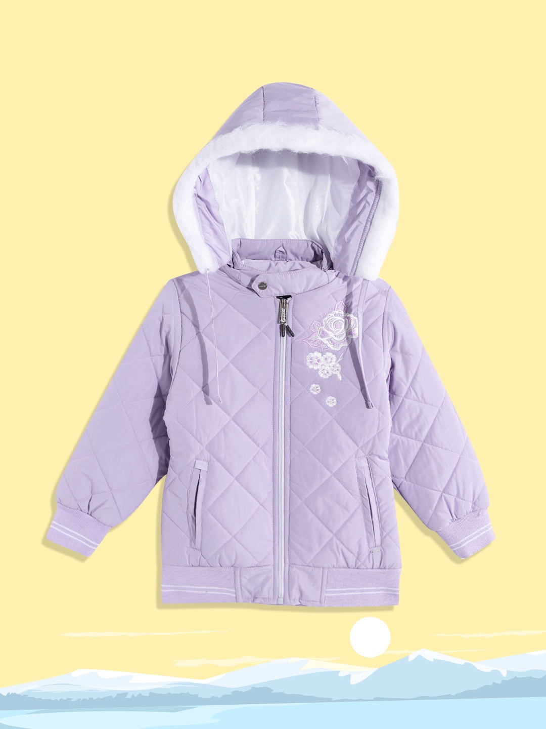 

Okane Girls Lavender & White Floral Embroidered Detachable Hood Bomber Jacket