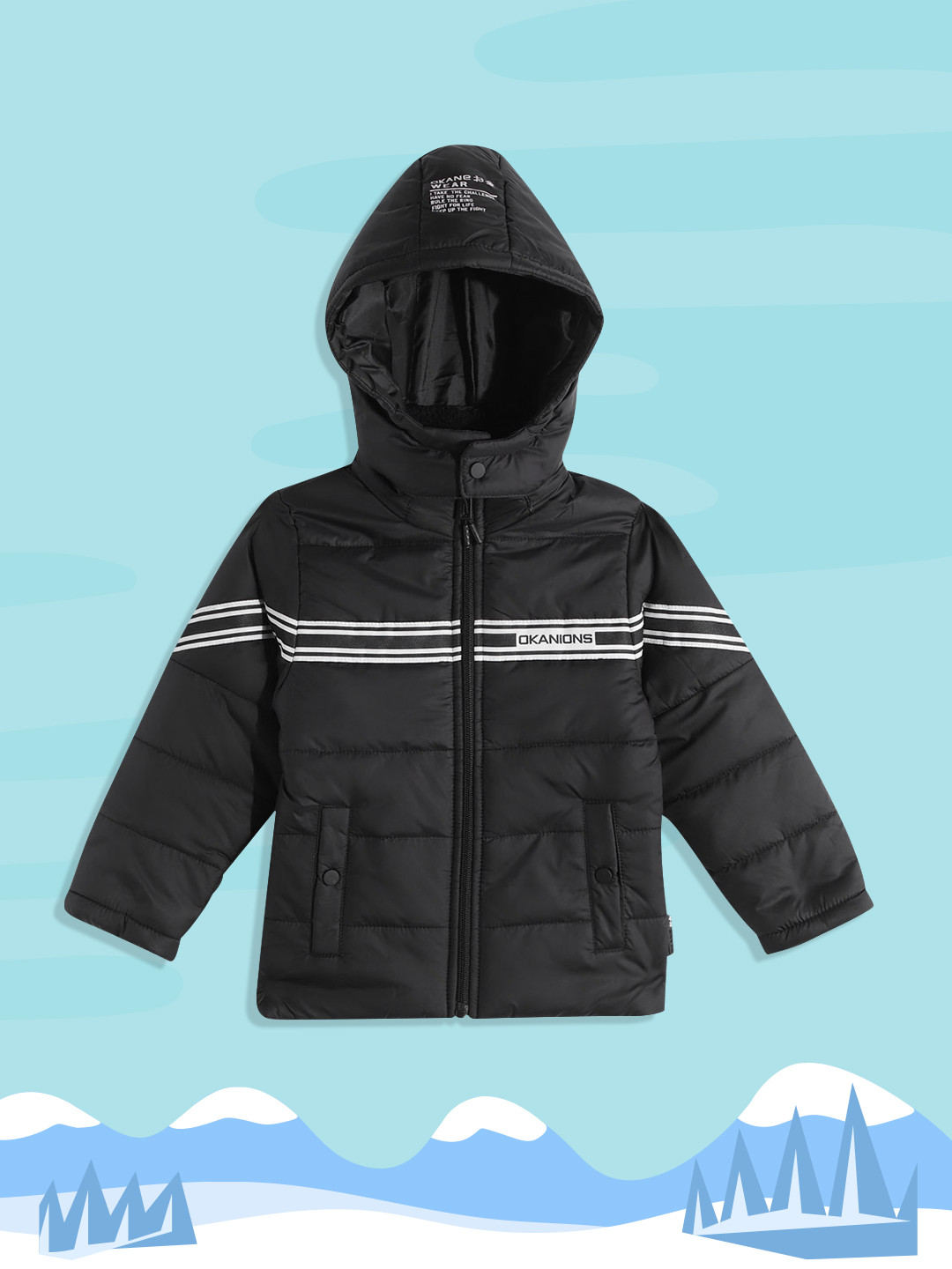 

Okane Boys Black & Silver-Toned Brand Logo Striped Detachable Hooded Padded Jacket