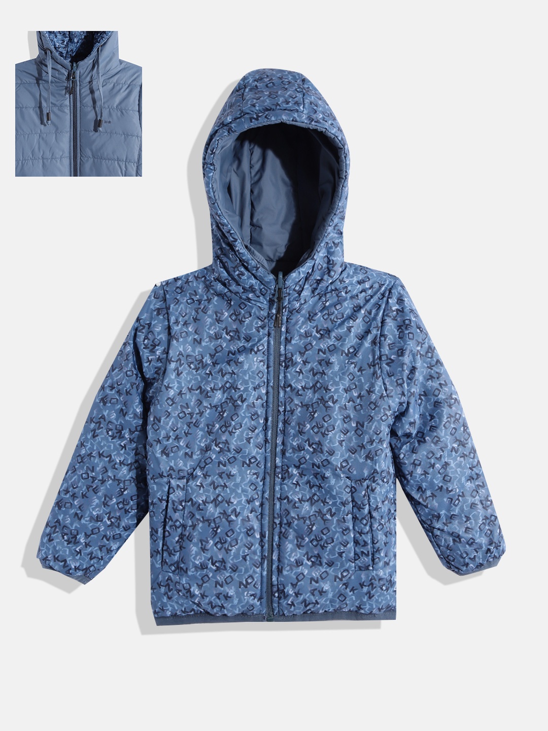 

Okane Boys Blue Typography Print Reversible Hooded Padded Jacket