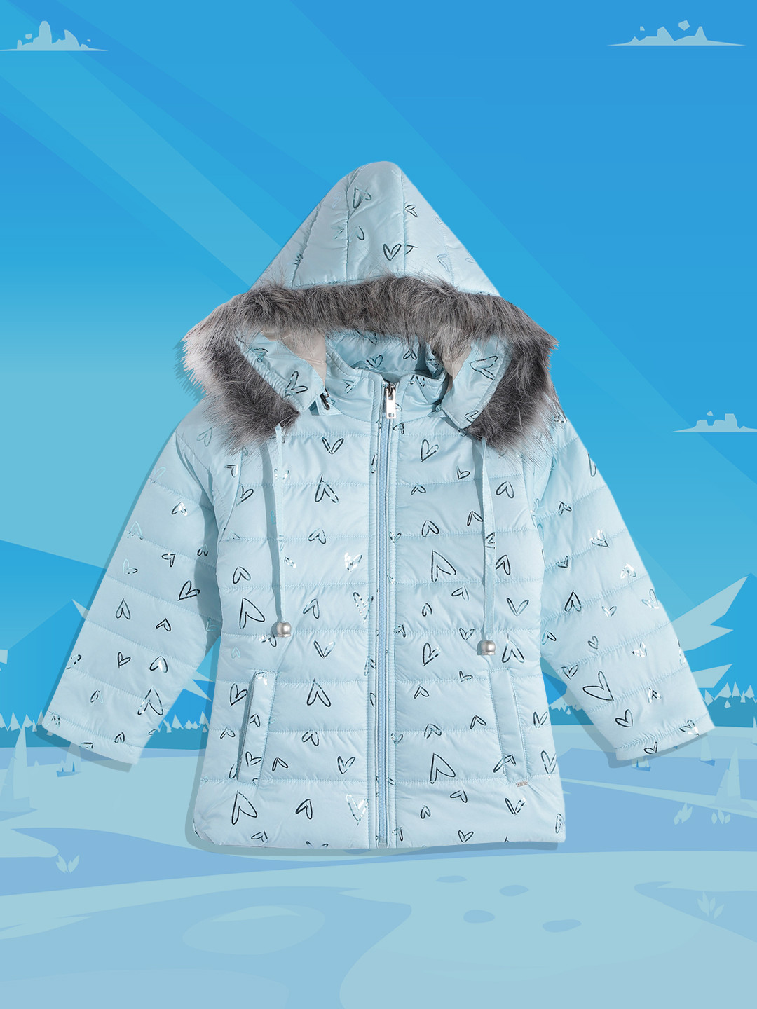 

Okane Girls Blue Heart Print Detachable Hood Parka Jacket