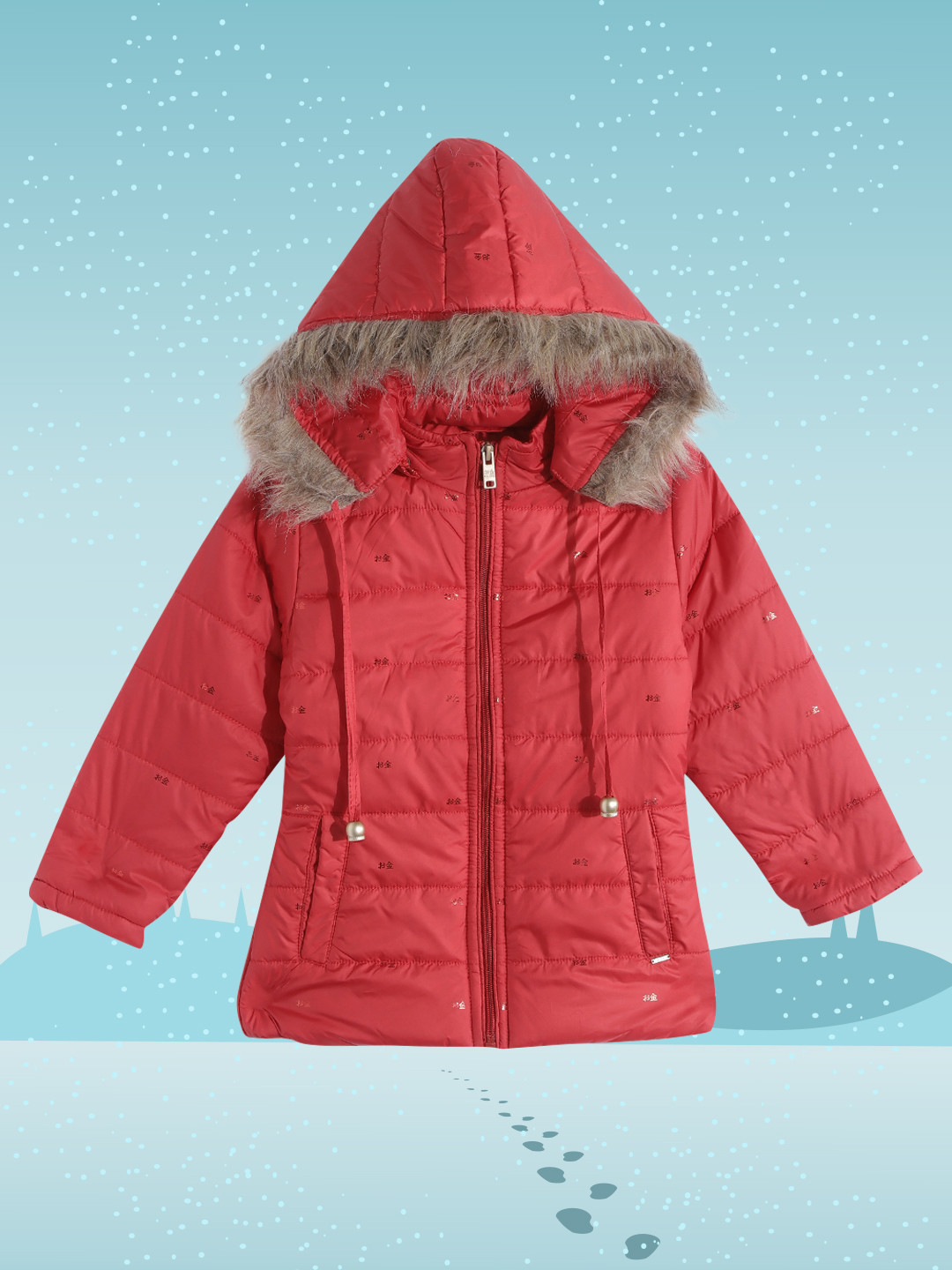 

Okane Girls Red Micro Ditsy Brand Logo Print Detachable Hood Parka Jacket