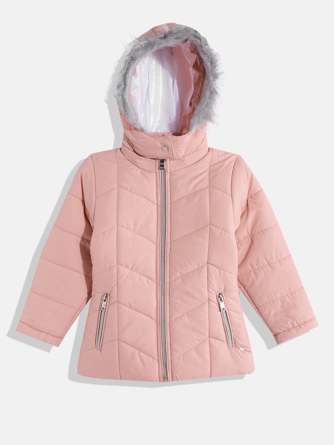 

Okane Girls Peach-Coloured Detachable Hood Parka Jacket