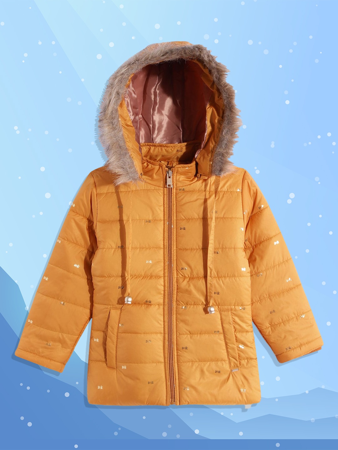 

Okane Girls Mustard Yellow Gold-Toned Micro Ditsy Brand Logo Detachable Hood Parka Jacket